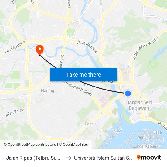 Jalan Ripas (Telbru Sumbiling) to Universiti Islam Sultan Sharif Ali map