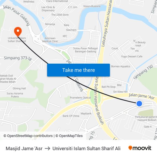 Masjid Jame 'Asr to Universiti Islam Sultan Sharif Ali map