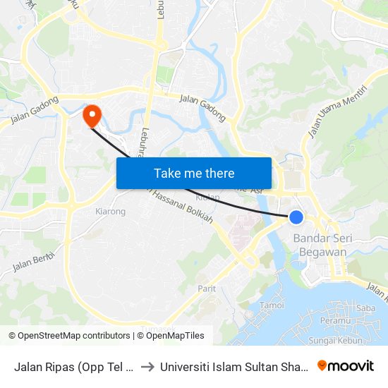 Jalan Ripas (Opp Tel Bru) to Universiti Islam Sultan Sharif Ali map