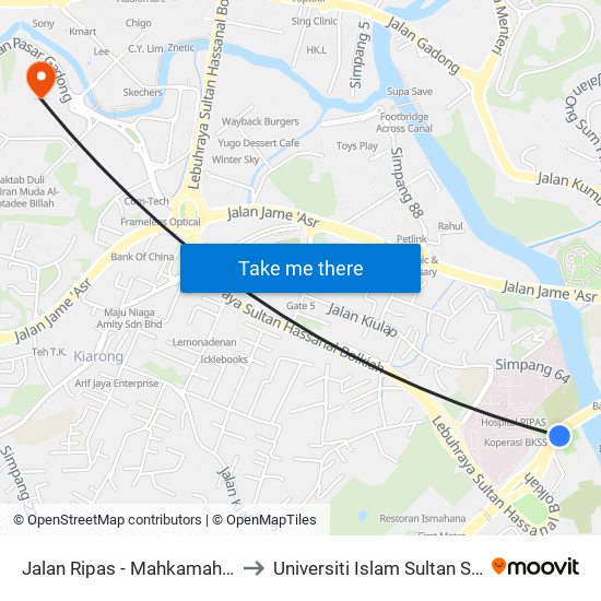 Jalan Ripas - Mahkamah (Court) to Universiti Islam Sultan Sharif Ali map