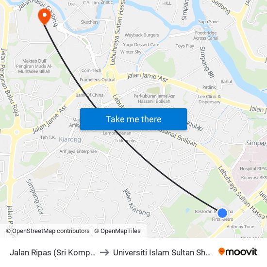 Jalan Ripas (Sri Kompleks) to Universiti Islam Sultan Sharif Ali map