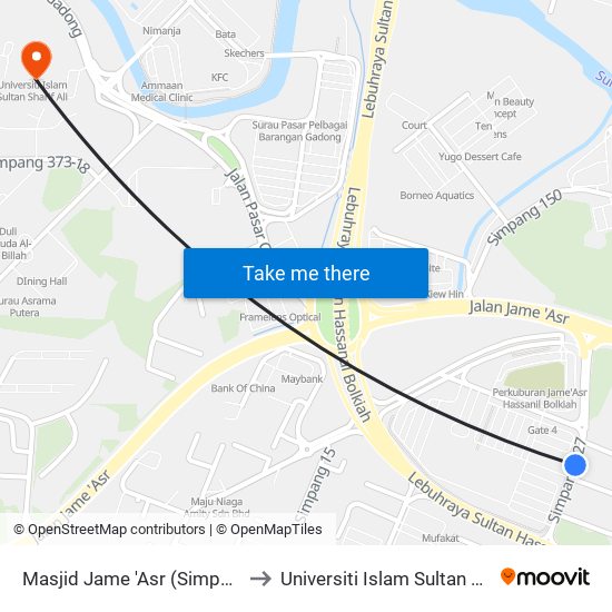 Masjid Jame 'Asr (Simpang 127) to Universiti Islam Sultan Sharif Ali map