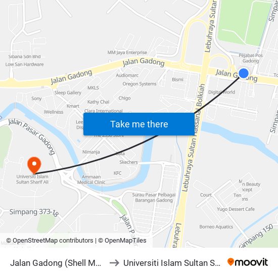 Jalan Gadong (Shell Menglait) to Universiti Islam Sultan Sharif Ali map
