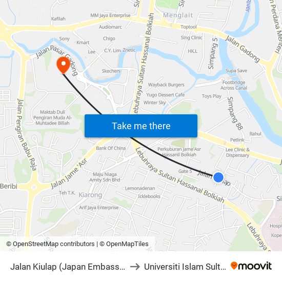 Jalan Kiulap (Japan Embassy/Simpang 122) to Universiti Islam Sultan Sharif Ali map