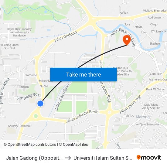 Jalan Gadong (Opposite Jpd) to Universiti Islam Sultan Sharif Ali map