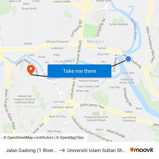 Jalan Gadong (1 Riverside) to Universiti Islam Sultan Sharif Ali map