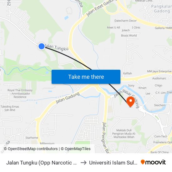 Jalan Tungku (Opp Narcotic Cb/New Polis Hq) to Universiti Islam Sultan Sharif Ali map