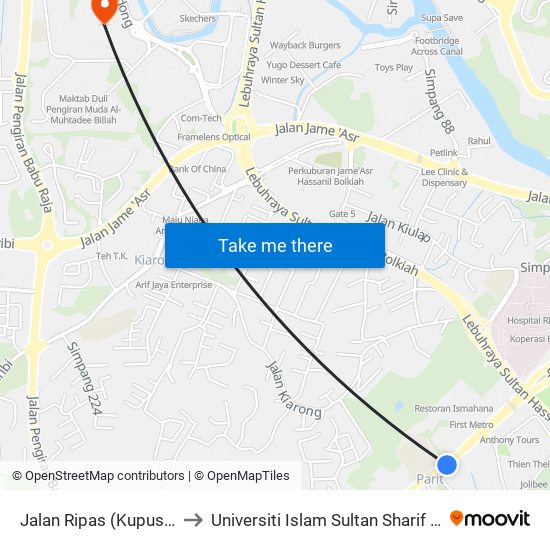 Jalan Ripas (Kupusb) to Universiti Islam Sultan Sharif Ali map