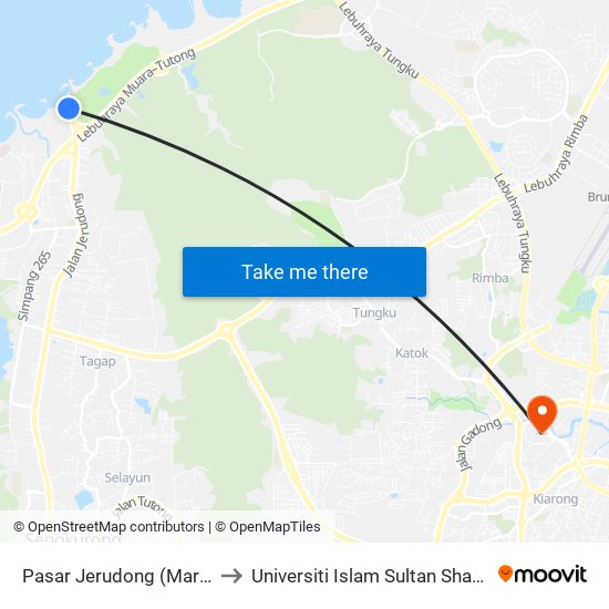 Pasar Jerudong (Market) to Universiti Islam Sultan Sharif Ali map