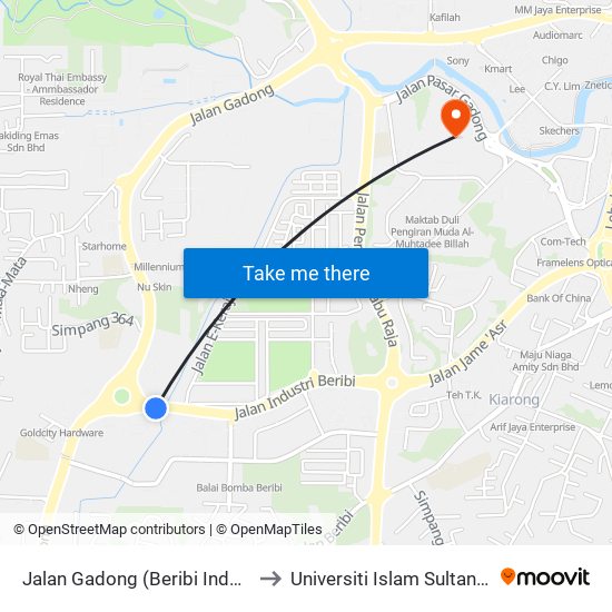 Jalan Gadong (Beribi Industry/Bina) to Universiti Islam Sultan Sharif Ali map