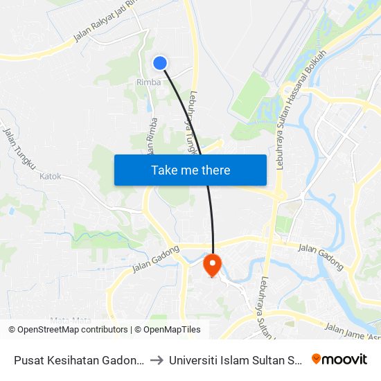 Pusat Kesihatan Gadong (Ipa) to Universiti Islam Sultan Sharif Ali map