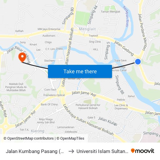 Jalan Kumbang Pasang (1 Riverside) to Universiti Islam Sultan Sharif Ali map