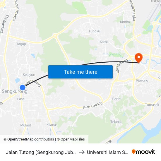 Jalan Tutong (Sengkurong Jubli Perak Health Centre) to Universiti Islam Sultan Sharif Ali map