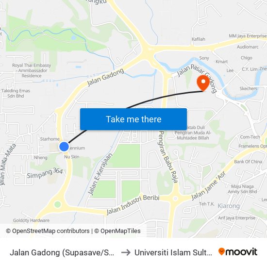 Jalan Gadong (Supasave/Scout's Building) to Universiti Islam Sultan Sharif Ali map