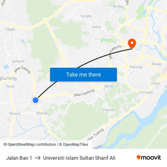 Jalan Ban 1 to Universiti Islam Sultan Sharif Ali map