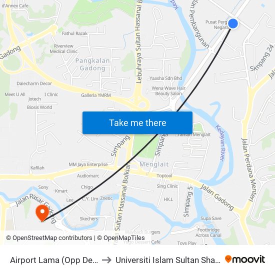 Airport Lama (Opp Dental) to Universiti Islam Sultan Sharif Ali map