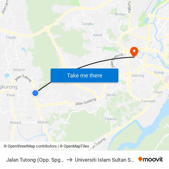 Jalan Tutong (Opp. Spg 1244) to Universiti Islam Sultan Sharif Ali map