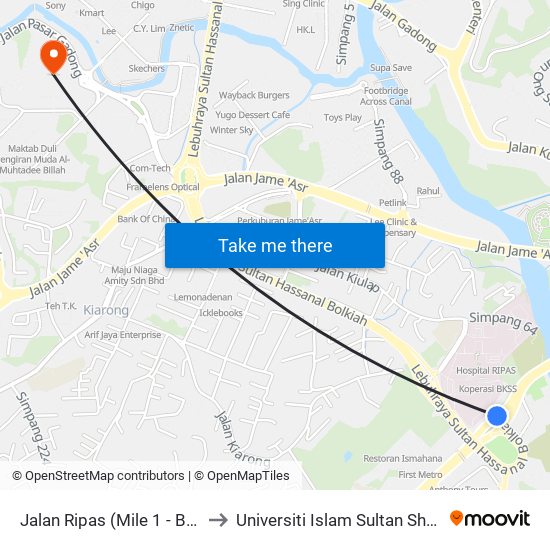 Jalan Ripas (Mile 1 - Batu 1) to Universiti Islam Sultan Sharif Ali map