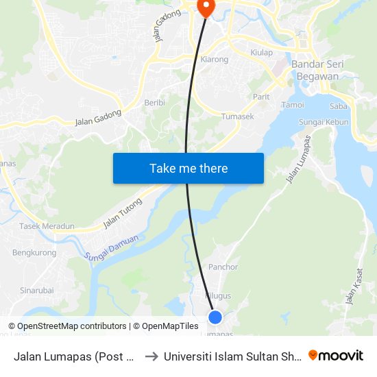 Jalan Lumapas (Post Office) to Universiti Islam Sultan Sharif Ali map