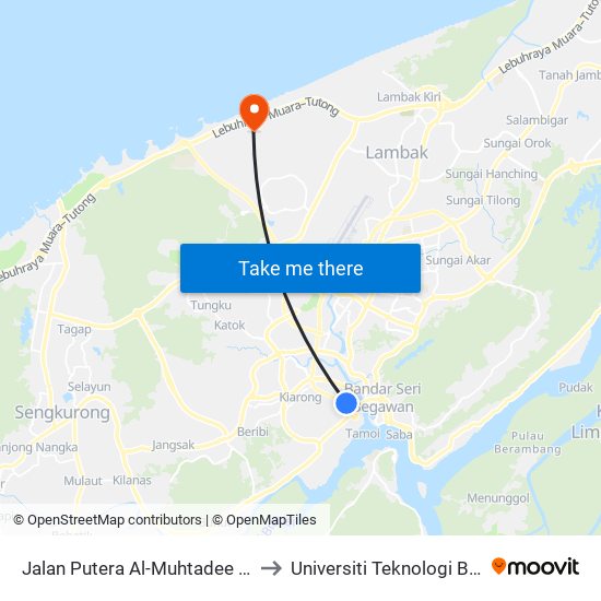 Jalan Putera Al-Muhtadee Billah to Universiti Teknologi Brunei map