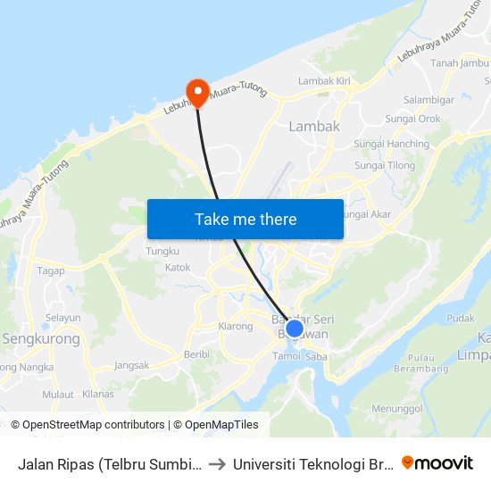 Jalan Ripas (Telbru Sumbiling) to Universiti Teknologi Brunei map