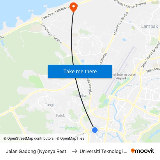 Jalan Gadong (Nyonya Restaurant) to Universiti Teknologi Brunei map