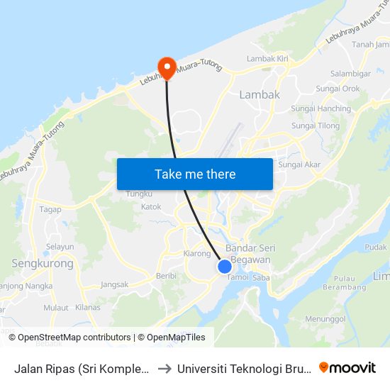 Jalan Ripas (Sri Kompleks) to Universiti Teknologi Brunei map