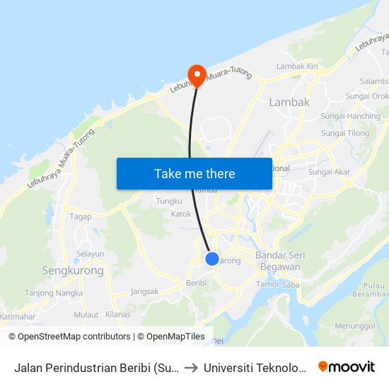 Jalan Perindustrian Beribi (Sumbangsih) to Universiti Teknologi Brunei map