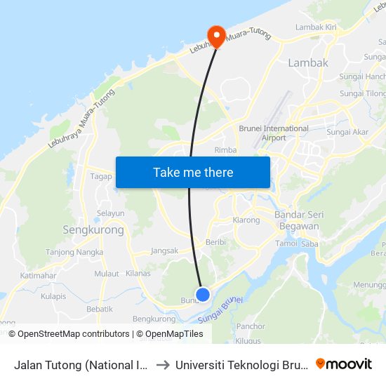 Jalan Tutong (National Inn) to Universiti Teknologi Brunei map