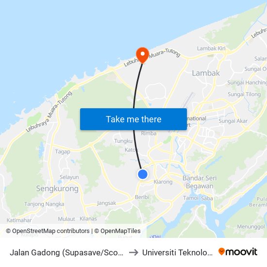 Jalan Gadong (Supasave/Scout's Building) to Universiti Teknologi Brunei map