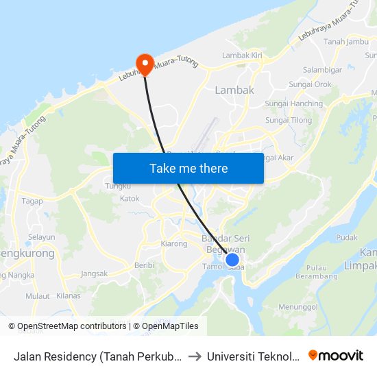 Jalan Residency (Tanah Perkuburan/Cemetery) to Universiti Teknologi Brunei map