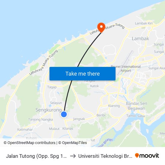 Jalan Tutong (Opp. Spg 1244) to Universiti Teknologi Brunei map