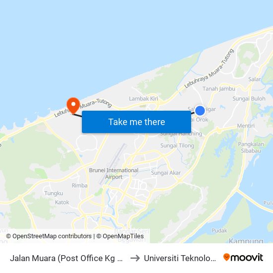 Jalan Muara (Post Office Kg Salambigar) to Universiti Teknologi Brunei map