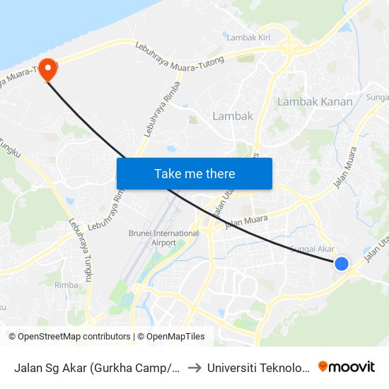 Jalan Sg Akar (Gurkha Camp/Jpd Sg Akar) to Universiti Teknologi Brunei map
