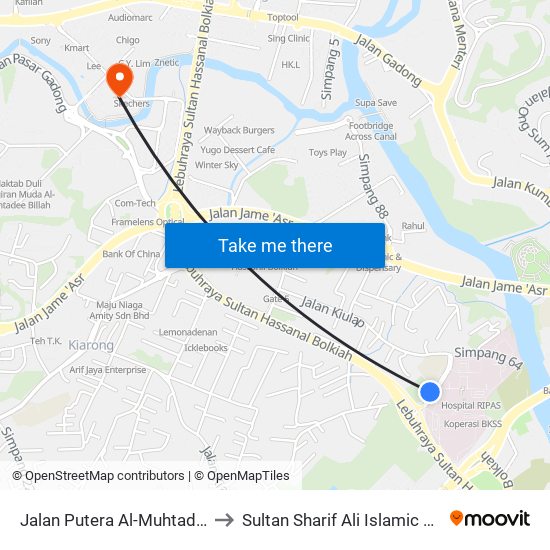 Jalan Putera Al-Muhtadee Billah to Sultan Sharif Ali Islamic University map