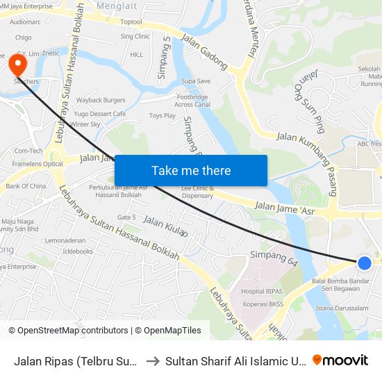 Jalan Ripas (Telbru Sumbiling) to Sultan Sharif Ali Islamic University map