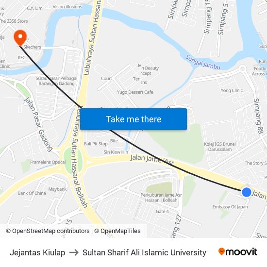 Jejantas Kiulap to Sultan Sharif Ali Islamic University map