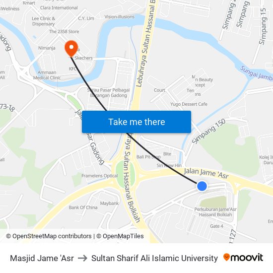 Masjid Jame 'Asr to Sultan Sharif Ali Islamic University map