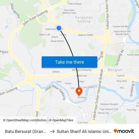 Batu Bersurat (Grand City) to Sultan Sharif Ali Islamic University map