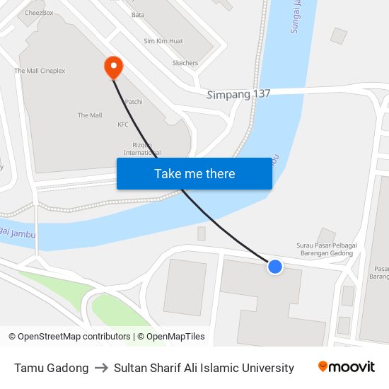 Tamu Gadong to Sultan Sharif Ali Islamic University map