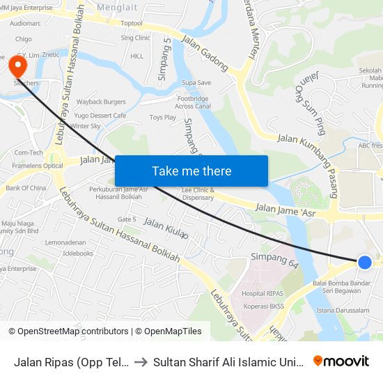 Jalan Ripas (Opp Tel Bru) to Sultan Sharif Ali Islamic University map