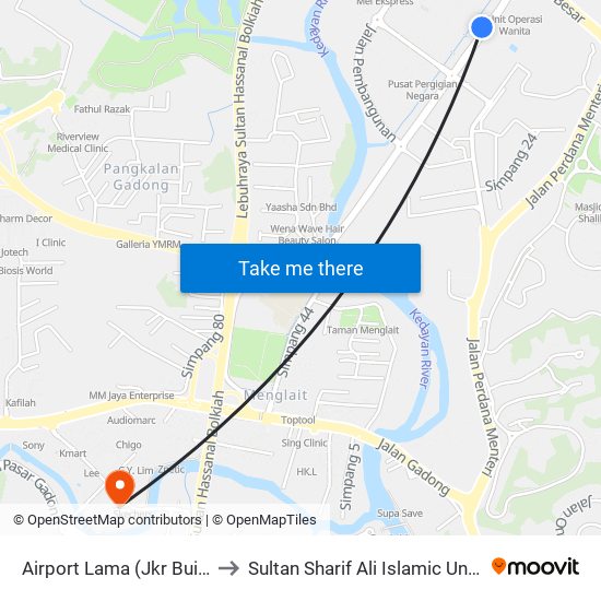 Airport Lama (Jkr Building) to Sultan Sharif Ali Islamic University map