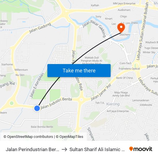 Jalan Perindustrian Beribi (Ghk) to Sultan Sharif Ali Islamic University map