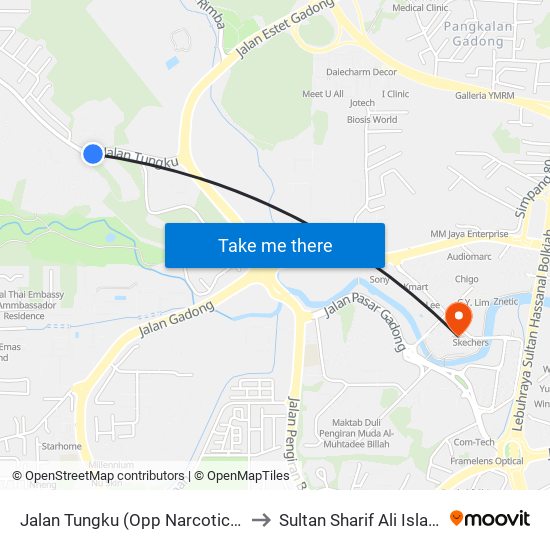 Jalan Tungku (Opp Narcotic Cb/New Polis Hq) to Sultan Sharif Ali Islamic University map