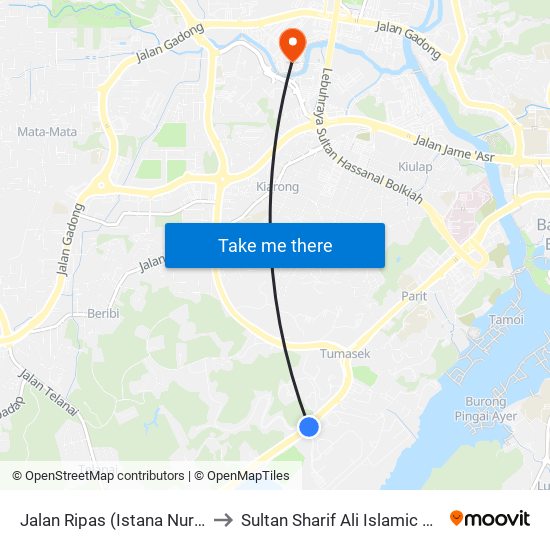 Jalan Ripas (Istana Nurul Iman) to Sultan Sharif Ali Islamic University map