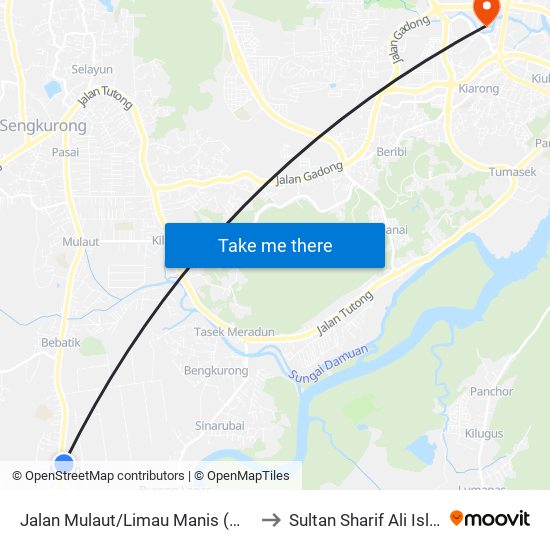 Jalan Mulaut/Limau Manis (Masin Religious School) to Sultan Sharif Ali Islamic University map