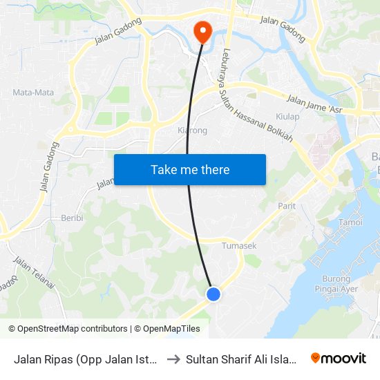 Jalan Ripas (Opp Jalan Istana Nurul Iman) to Sultan Sharif Ali Islamic University map