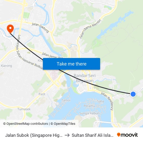 Jalan Subok (Singapore High Comm/Spg 74) to Sultan Sharif Ali Islamic University map