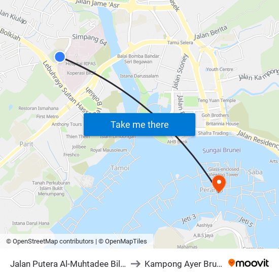 Jalan Putera Al-Muhtadee Billah to Kampong Ayer Brunei map