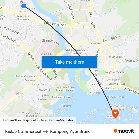 Kiulap Commercial to Kampong Ayer Brunei map